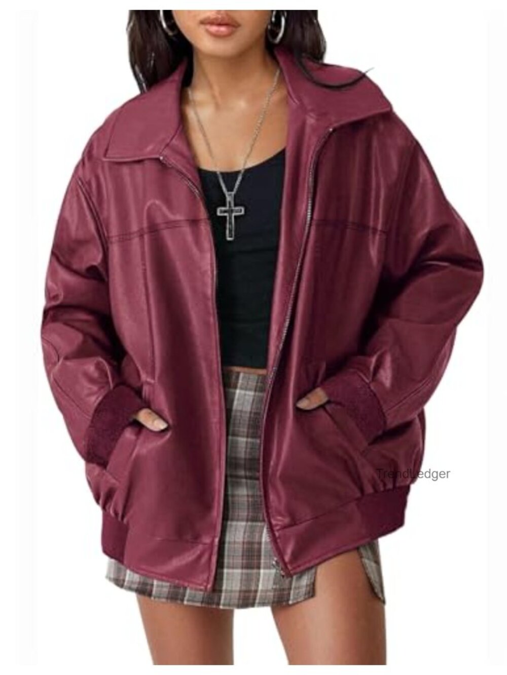 Oversized Faux Leather Bomber Jacket Asymmetrical Zip Up Raglan